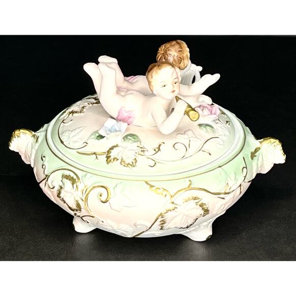 VTG Cherubs COVERED DISH Bisque Porcelain Footed Dresser Box Harp Horn Gold Pink - Picture 11 of 11